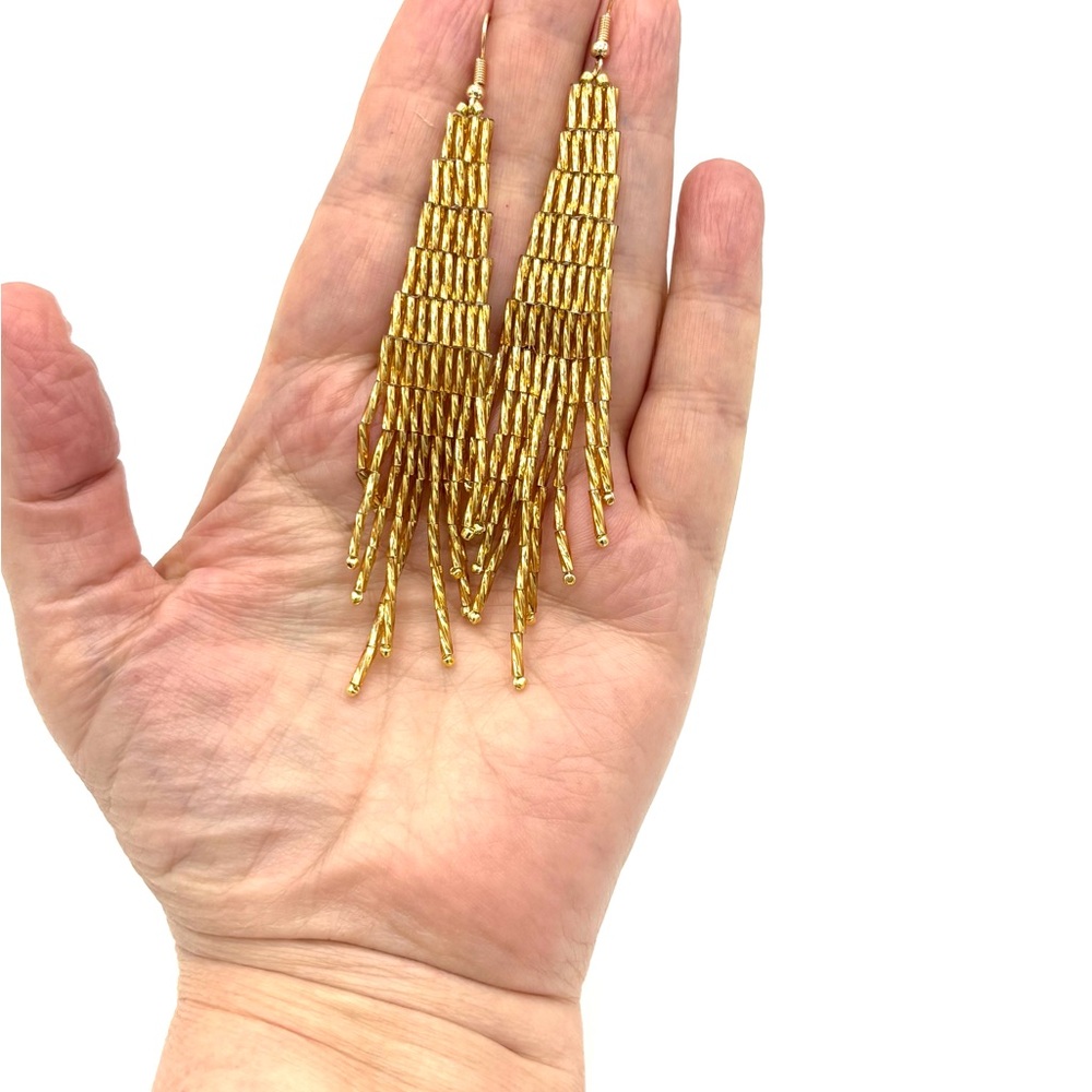 Hand Crafted Gold Fringe Dangle Earrings - Picture 6 of 7